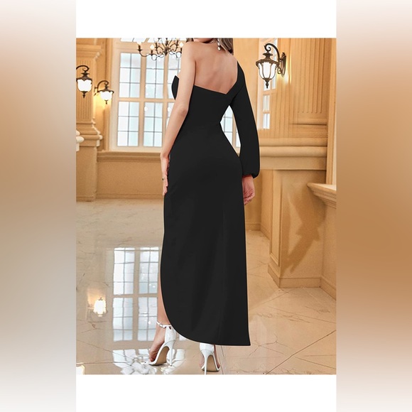 One Shoulder Long Sleeve Sexy High Slit Ruched Bodycon Wedding Party Maxi Dress - Picture 2 of 8